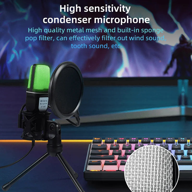 Gaming USB Microphone for PC Condenser Mic with RGB Indicator Tripod Stand Gain Control for Recording Live Podcast Computer Mic