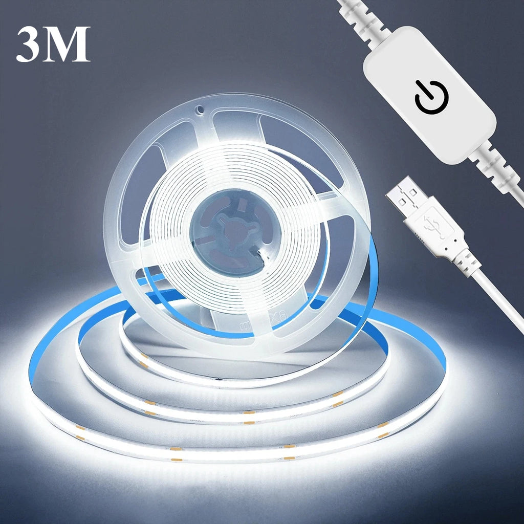 USB 5V LED Strip Light COB Touch Dimmer Control Lamp High Density RA90 Flexible Tape Lights 320Leds/m For Home Cabinet Decor